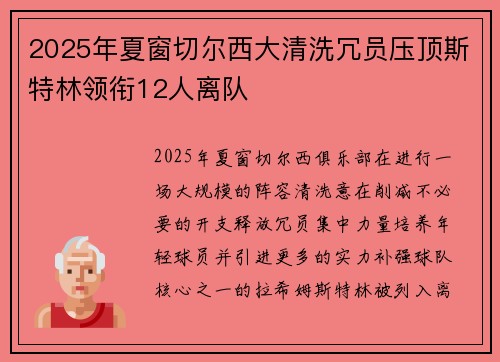 2025年夏窗切尔西大清洗冗员压顶斯特林领衔12人离队